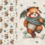 Panda en automne fond lin beige doudou